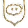 Oro Laminado Necklace, Bracelet and Earring, Gold Filled Style Heart and Miami Cuban Design, with White Micro Pave, Polished, Golden Finish, 06.282.0001