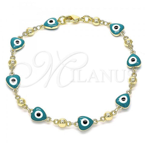 Oro Laminado Fancy Bracelet, Gold Filled Style Evil Eye and Heart Design, Green Enamel Finish, Golden Finish, 03.213.0037.5.08