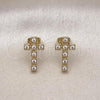 Oro Laminado Stud Earring, Gold Filled Style Cross Design, with White Cubic Zirconia, Polished, Golden Finish, 02.213.0747