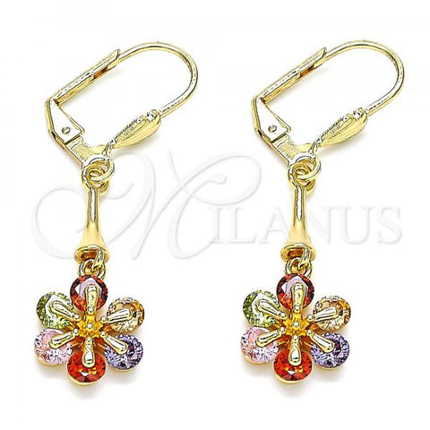 Oro Laminado Long Earring, Gold Filled Style Flower Design, with Multicolor Cubic Zirconia, Polished, Golden Finish, 02.387.0050.1