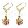 Oro Laminado Long Earring, Gold Filled Style Flower Design, with Multicolor Cubic Zirconia, Polished, Golden Finish, 02.387.0050.1