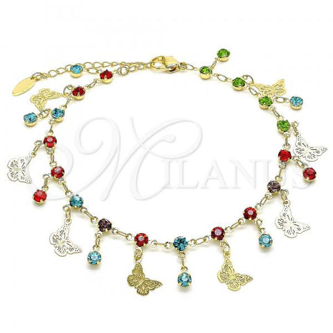 Oro Laminado Charm Anklet , Gold Filled Style Butterfly Design, with Multicolor Crystal, Polished, Golden Finish, 03.383.0004.10