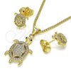 Oro Laminado Earring and Pendant Adult Set, Gold Filled Style Turtle Design, with White and Ruby Micro Pave, Polished, Golden Finish, 10.156.0378