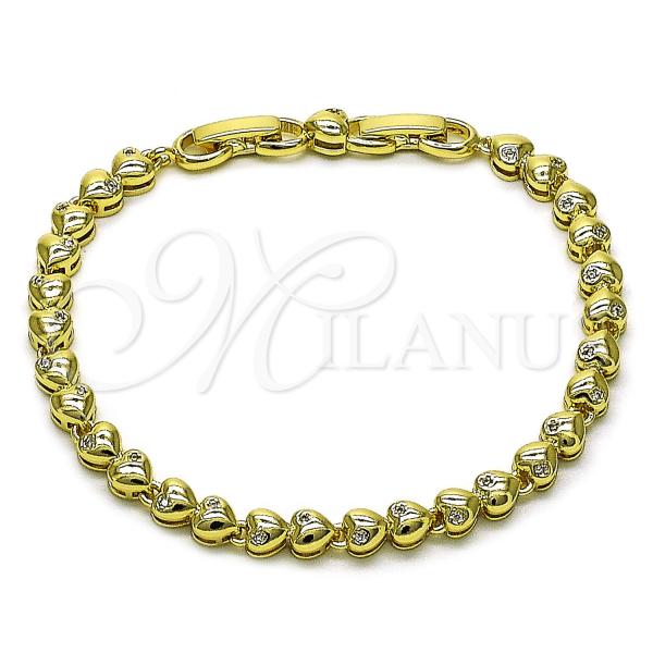 Oro Laminado Tennis Bracelet, Gold Filled Style Heart Design, with White Cubic Zirconia, Polished, Golden Finish, 03.213.0323.07