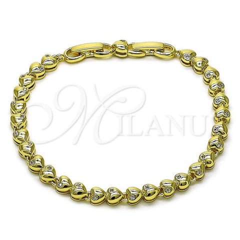 Oro Laminado Tennis Bracelet, Gold Filled Style Heart Design, with White Cubic Zirconia, Polished, Golden Finish, 03.213.0323.07