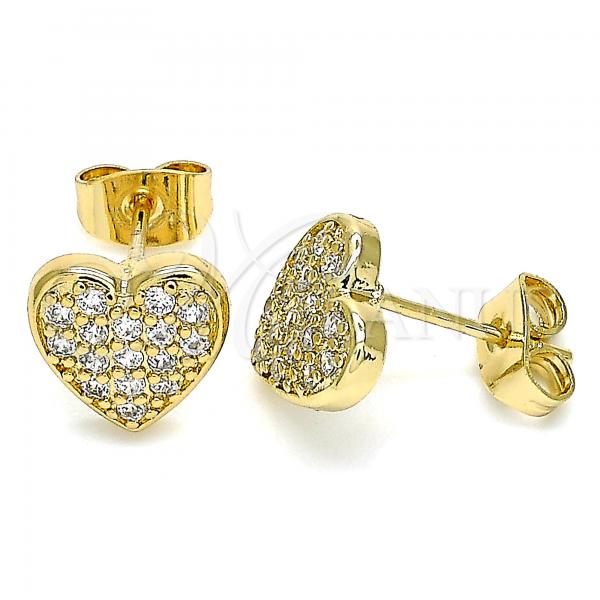 Oro Laminado Stud Earring, Gold Filled Style Heart Design, with White Micro Pave, Polished, Golden Finish, 02.344.0086