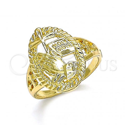 Oro Laminado Elegant Ring, Gold Filled Style Praying Hands and Cross Design, Polished, Golden Finish, 01.380.0011.08