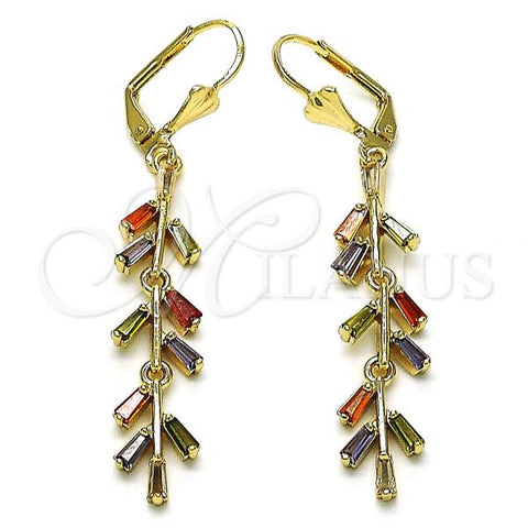 Oro Laminado Long Earring, Gold Filled Style Baguette Design, with Multicolor Cubic Zirconia, Polished, Golden Finish, 02.210.0836.2