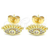 Oro Laminado Stud Earring, Gold Filled Style Evil Eye Design, with White Micro Pave, Polished, Golden Finish, 02.210.0415.1