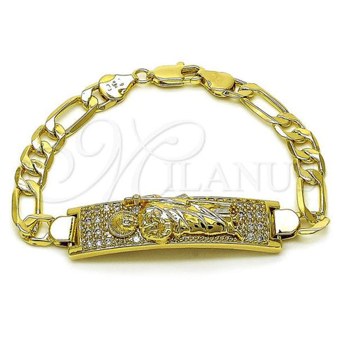 Oro Laminado ID Bracelet, Gold Filled Style San Judas and Figaro Design, with White Cubic Zirconia, Polished, Golden Finish, 03.411.0062.07