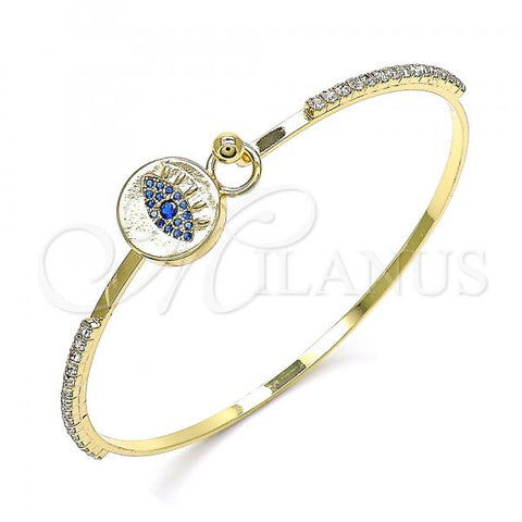 Oro Laminado Individual Bangle, Gold Filled Style Evil Eye Design, with Sapphire Blue Micro Pave and White Crystal, Polished, Golden Finish, 07.193.0038.1.04