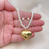 Oro Laminado Necklace and Earring, Gold Filled Style Heart and Ball Design, with Ivory Pearl, Polished, Golden Finish, 06.417.0006