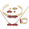 Oro Laminado Earring and Pendant Children Set, Gold Filled Style Moustache Design, with White Crystal, Red Enamel Finish, Golden Finish, 06.65.0148