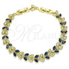 Oro Laminado Tennis Bracelet, Gold Filled Style Leaf Design, with Sapphire Blue and White Cubic Zirconia, Polished, Golden Finish, 03.283.0030.2.08