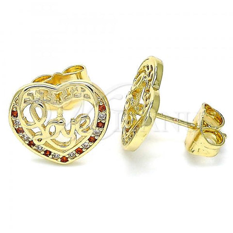 Oro Laminado Stud Earring, Gold Filled Style Heart and Love Design, with Garnet and White Micro Pave, Polished, Golden Finish, 02.156.0398.1