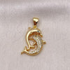 Oro Laminado Fancy Pendant, Gold Filled Style Dolphin Design, with White Micro Pave, Polished, Golden Finish, 05.342.0196