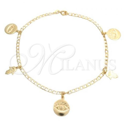 Oro Laminado Charm Anklet , Gold Filled Style Hand of God and Evil Eye Design, Polished, Golden Finish, 03.58.0059.10