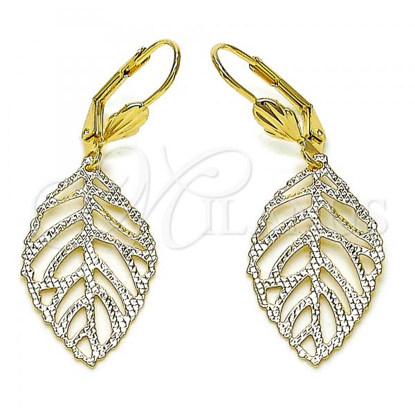 Oro Laminado Dangle Earring, Gold Filled Style Leaf Design, Diamond Cutting Finish, Golden Finish, 5.108.007
