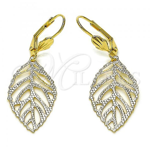 Oro Laminado Dangle Earring, Gold Filled Style Leaf Design, Diamond Cutting Finish, Golden Finish, 5.108.007