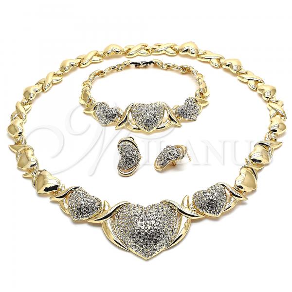 Oro Laminado Necklace, Bracelet and Earring, Gold Filled Style Heart and Hugs and Kisses Design, with White Crystal, Polished, Golden Finish, 06.372.0018