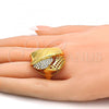 Oro Laminado Multi Stone Ring, Gold Filled Style Greek Key Design, with White Crystal, Polished, Golden Finish, 01.241.0038.07 (Size 7)