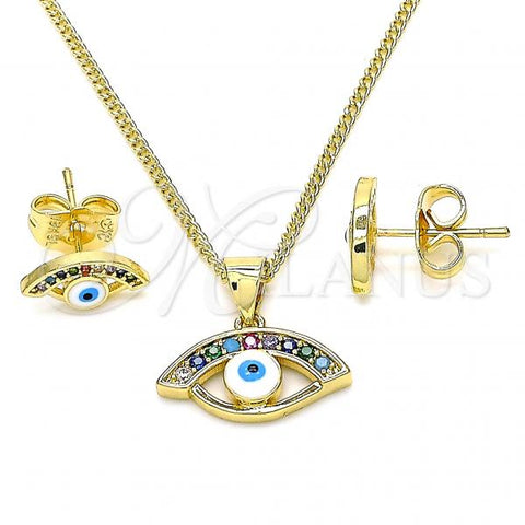 Oro Laminado Earring and Pendant Adult Set, Gold Filled Style Evil Eye Design, with Multicolor Micro Pave, White Enamel Finish, Golden Finish, 10.156.0369