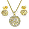 Oro Laminado Earring and Pendant Adult Set, Gold Filled Style Tree Design, with White Cubic Zirconia and White Micro Pave, Polished, Golden Finish, 10.156.0380