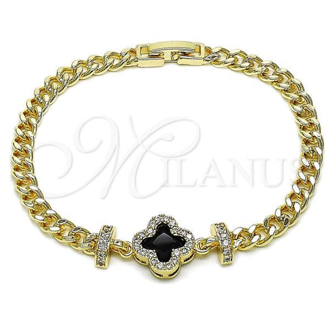 Oro Laminado Fancy Bracelet, Gold Filled Style Four-leaf Clover and Miami Cuban Design, with Green Cubic Zirconia and White Micro Pave, Diamond Cutting Finish, Golden Finish, 03.283.0416.4.07