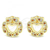 Oro Laminado Stud Earring, Gold Filled Style Heart Design, with Garnet and White Micro Pave, Polished, Golden Finish, 02.156.0527.1