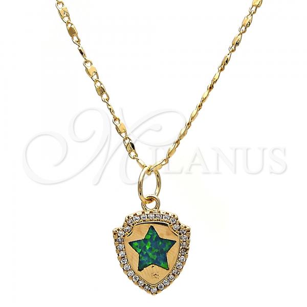 Oro Laminado Pendant Necklace, Gold Filled Style Star Design, with Green Opal and White Micro Pave, Polished, Golden Finish, 04.63.1325.3.18