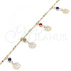 Oro Laminado Charm Anklet , Gold Filled Style Flower and Rattle Charm Design, with Multicolor Crystal, Polished, Golden Finish, 03.213.0108.1.10