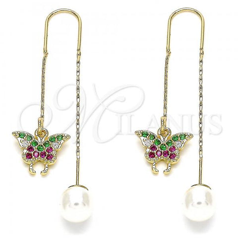 Oro Laminado Threader Earring, Gold Filled Style Butterfly Design, with Multicolor Micro Pave, Polished, Golden Finish, 02.210.0365.1