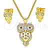 Oro Laminado Earring and Pendant Adult Set, Gold Filled Style Owl Design, with White Micro Pave, Polished, Golden Finish, 10.156.0376