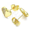 Oro Laminado Stud Earring, Gold Filled Style Heart Design, with White Micro Pave, Polished, Golden Finish, 02.156.0491