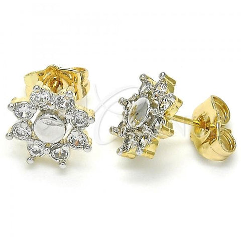 Oro Laminado Stud Earring, Gold Filled Style Flower Design, with White Cubic Zirconia, Polished, Two Tone, 02.210.0238