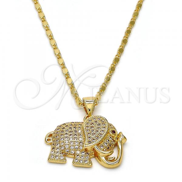 Oro Laminado Pendant Necklace, Gold Filled Style Elephant Design, with White and Ruby Micro Pave, Polished, Golden Finish, 04.199.0005.20