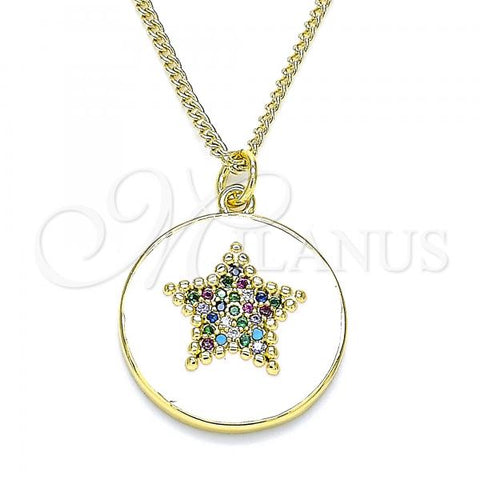 Oro Laminado Pendant Necklace, Gold Filled Style Star Design, with Multicolor Micro Pave, White Enamel Finish, Golden Finish, 04.374.0001.1.20