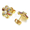 Oro Laminado Stud Earring, Gold Filled Style Flower Design, with Multicolor Cubic Zirconia, Polished, Golden Finish, 02.387.0101