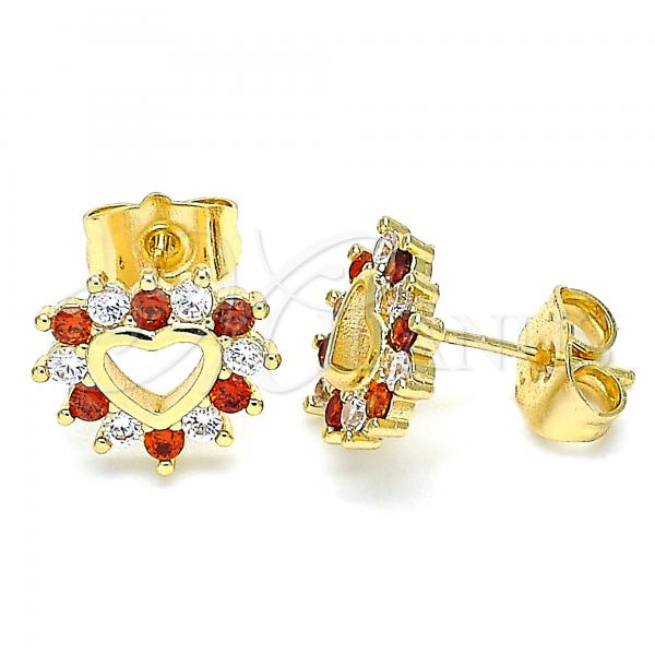 Oro Laminado Stud Earring, Gold Filled Style Heart Design, with Garnet and White Cubic Zirconia, Polished, Golden Finish, 02.233.0024.8
