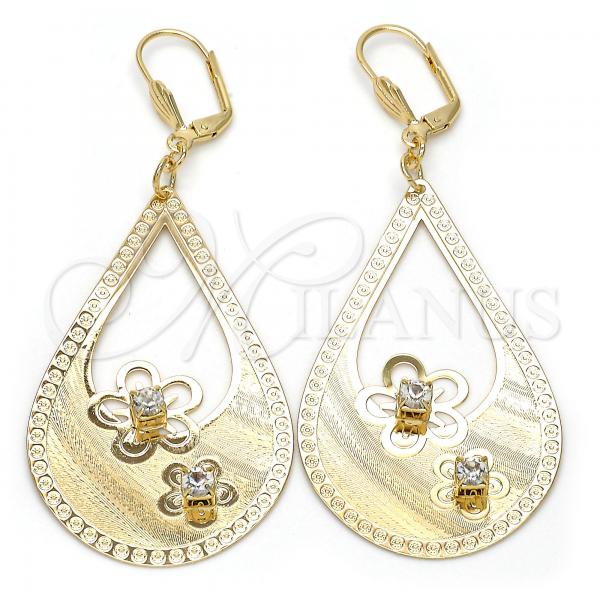 Oro Laminado Dangle Earring, Gold Filled Style Flower and Teardrop Design, with White Crystal, Diamond Cutting Finish, Golden Finish, 81.011