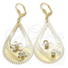 Oro Laminado Dangle Earring, Gold Filled Style Flower and Teardrop Design, with White Crystal, Diamond Cutting Finish, Golden Finish, 81.011