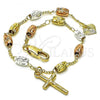 Oro Laminado Charm Bracelet, Gold Filled Style Crucifix Design, Diamond Cutting Finish, Tricolor, 03.351.0159.08