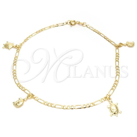 Oro Laminado Charm Anklet , Gold Filled Style Turtle and Figaro Design, Polished, Golden Finish, 03.58.0013.10