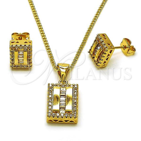 Oro Laminado Earring and Pendant Adult Set, Gold Filled Style Baguette Design, with White Cubic Zirconia and White Micro Pave, Polished, Golden Finish, 10.342.0239