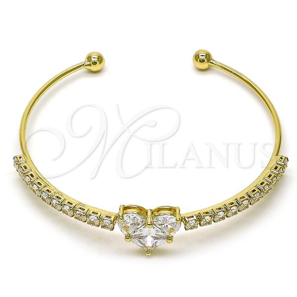 Oro Laminado Individual Bangle, Gold Filled Style Heart and Cluster Design, with White Cubic Zirconia, Polished, Golden Finish, 07.283.0001