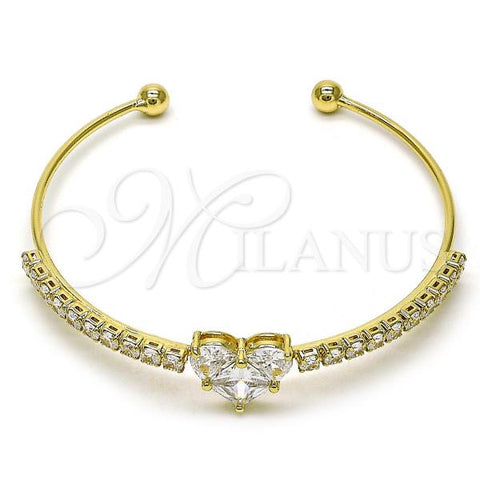 Oro Laminado Individual Bangle, Gold Filled Style Heart and Cluster Design, with White Cubic Zirconia, Polished, Golden Finish, 07.283.0001