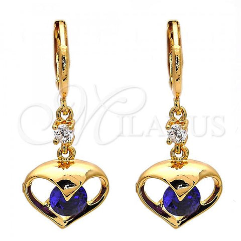 Oro Laminado Long Earring, Gold Filled Style Heart Design, with Amethyst and White Cubic Zirconia, Polished, Golden Finish, 02.217.0063.3