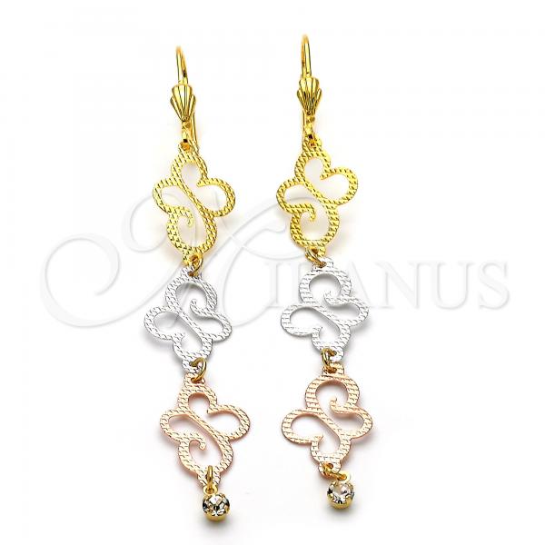 Oro Laminado Long Earring, Gold Filled Style Butterfly Design, with White Cubic Zirconia, Diamond Cutting Finish, Tricolor, 5.101.001