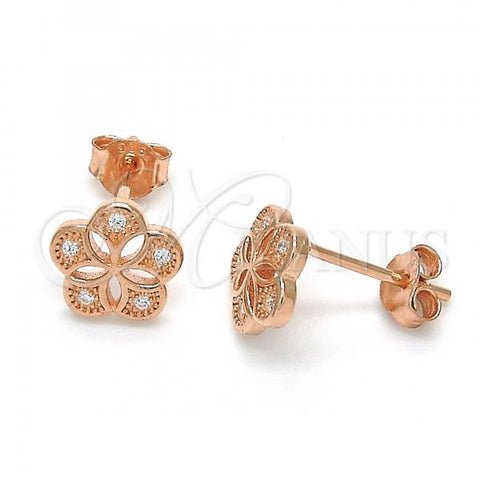 Sterling Silver Stud Earring, Flower Design, with White Micro Pave, Polished, Rose Gold Finish, 02.292.0010.2