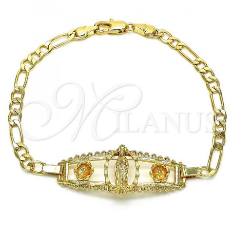 Oro Laminado Fancy Bracelet, Gold Filled Style Guadalupe and Flower Design, Polished, Golden Finish, 03.351.0037.08